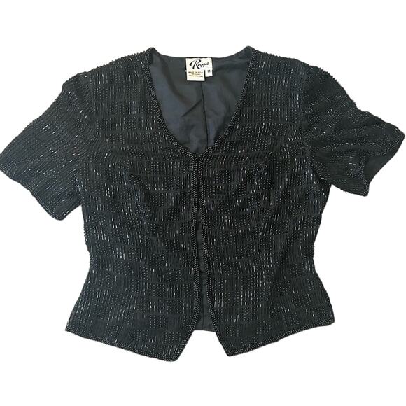 - Reggio- Black Beaded Jacket - Blouse - Checker pattern - eye hook- VTG - Picture 7 of 12